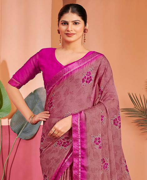SAREE MALL Women's Chiffon Mauve Printed Designer Saree With Blouse Piece
