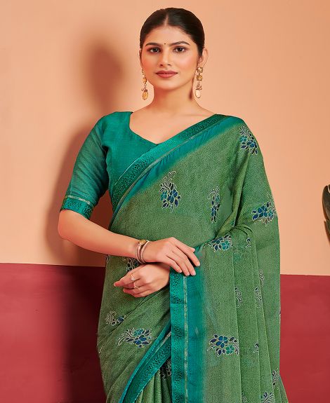 SAREE MALL Women's Chiffon Sea Green Printed Designer Saree With Blouse Piece