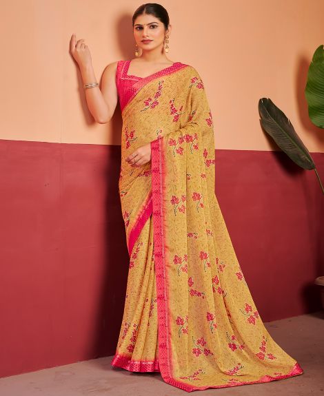 SAREE MALL Women's Chiffon Mustard Printed Designer Saree With Blouse Piece
