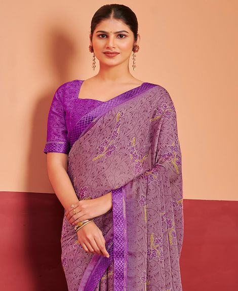 SAREE MALL Women's Chiffon Purple Printed Designer Saree With Blouse Piece