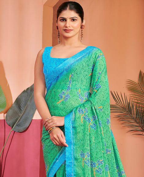 SAREE MALL Women's Chiffon Light Green Printed Designer Saree With Blouse Piece