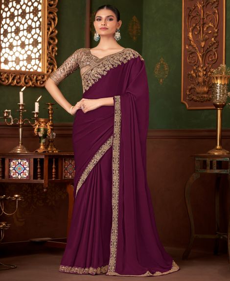 SAREE MALL Women's Chiffon Magenta Embellished Designer Saree With Blouse Piece