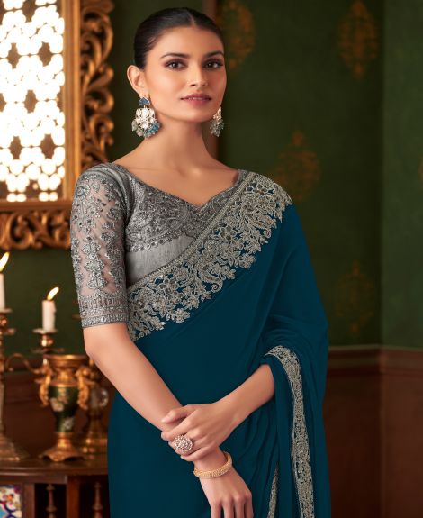SAREE MALL Women's Chiffon Teal blue Embellished Designer Saree With Blouse Piece