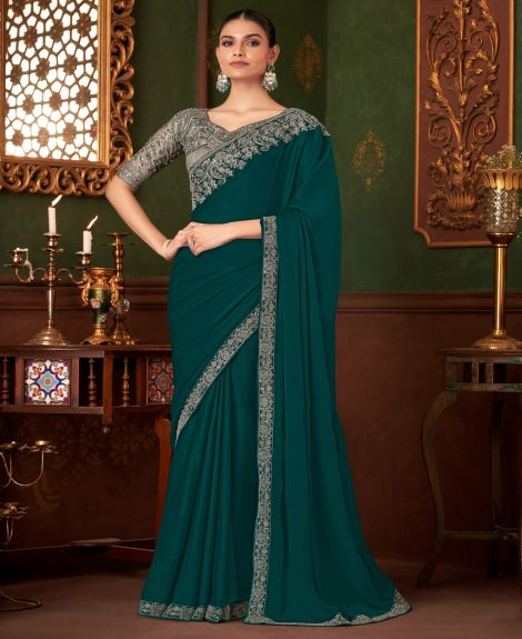 SAREE MALL Women's Chiffon Teal green Embellished Designer Saree With Blouse Piece