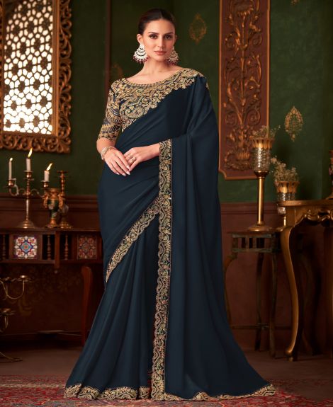 SAREE MALL Women's Satin Silk Navy Blue Embellished Designer Saree With Blouse Piece