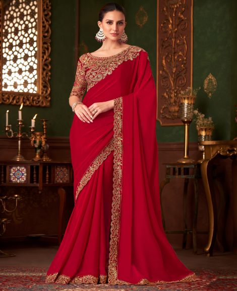 SAREE MALL Women's Satin Silk Red Embellished Designer Saree With Blouse Piece
