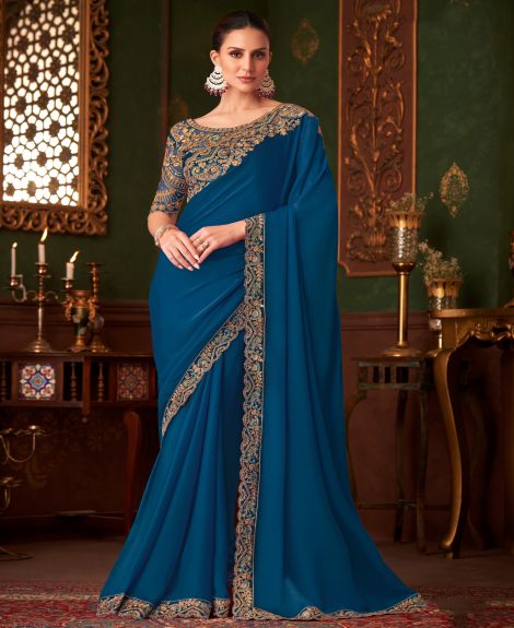 SAREE MALL Women's Satin Silk Blue Embellished Designer Saree With Blouse Piece