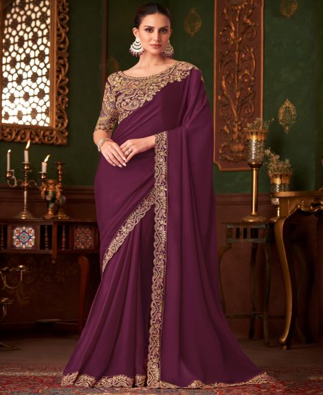 SAREE MALL Women's Satin Silk Burgundy Embellished Designer Saree With Blouse Piece
