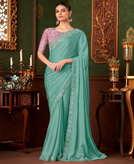 SAREE MALL Women's Chiffon Light Blue Embellished Designer Saree With Blouse Piece