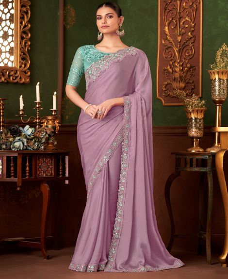 SAREE MALL Women's Chiffon Lavendar Embellished Designer Saree With Blouse Piece