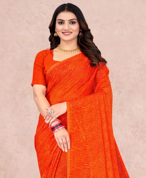 SAREE MALL Women's Chiffon Orange Printed Designer Saree With Blouse Piece