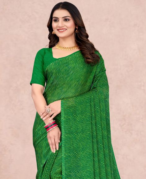 SAREE MALL Women's Chiffon Green Printed Designer Saree With Blouse Piece