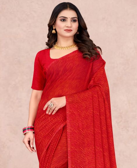 SAREE MALL Women's Chiffon Red Printed Designer Saree With Blouse Piece