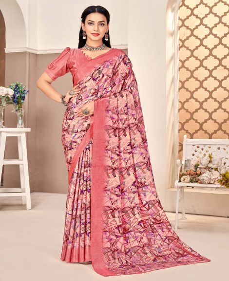 SAREE MALL Women's Crepe Pink Printed Designer Saree With Blouse Piece