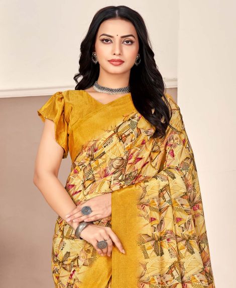 SAREE MALL Women's Crepe Beige Printed Designer Saree With Blouse Piece