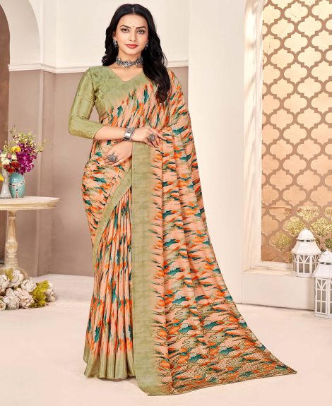 SAREE MALL Women's Crepe Peach Printed Designer Saree With Blouse Piece