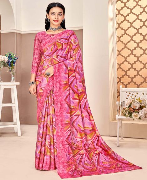 SAREE MALL Women's Crepe Pink Printed Designer Saree With Blouse Piece