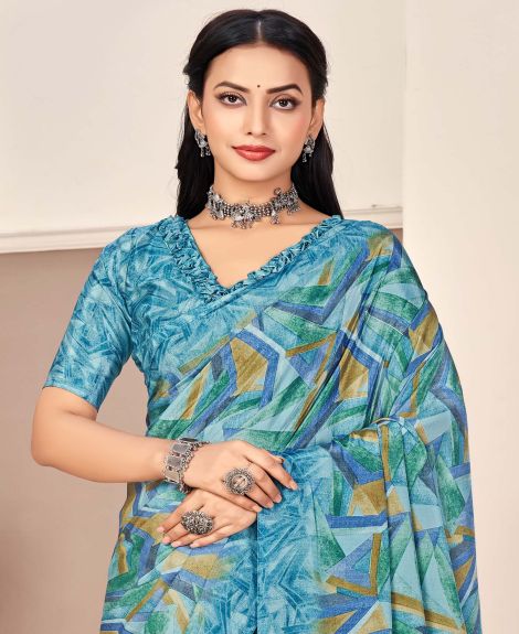 SAREE MALL Women's Crepe Blue Printed Designer Saree With Blouse Piece