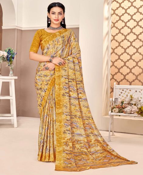 SAREE MALL Women's Crepe Beige Printed Designer Saree With Blouse Piece