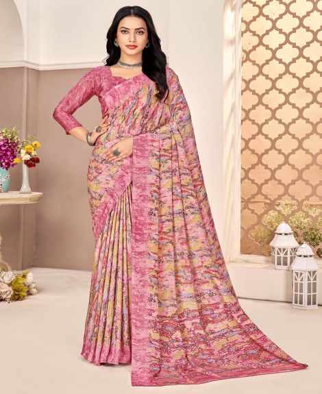 SAREE MALL Women's Crepe Pink Printed Designer Saree With Blouse Piece