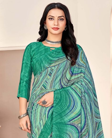 SAREE MALL Women's Crepe Green Printed Designer Saree With Blouse Piece