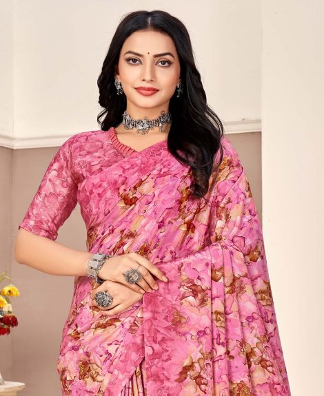 SAREE MALL Women's Crepe Pink Printed Designer Saree With Blouse Piece