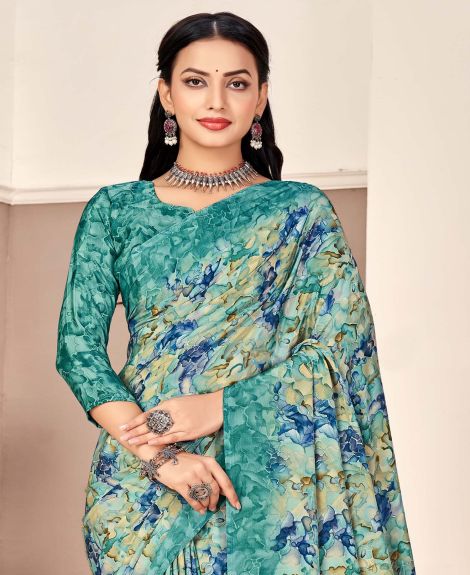 SAREE MALL Women's Crepe Sea Green Printed Designer Saree With Blouse Piece