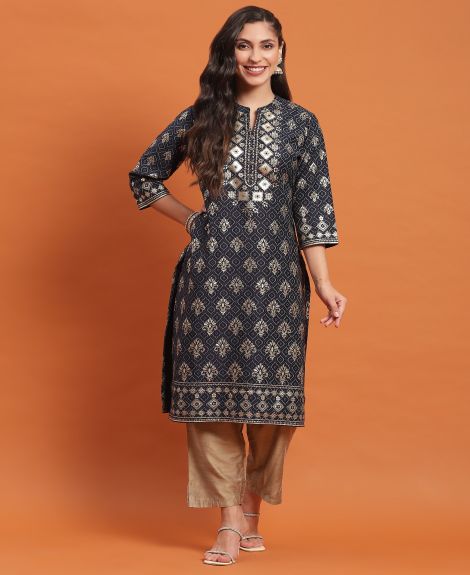 Shree Women Poly Viscose Navy Blue Floral Print Kurta