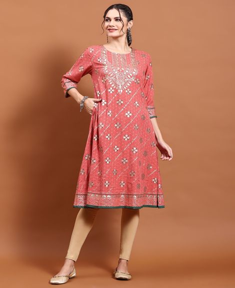 Shree Women Liva (Rayon) Coral Floral Print Kurta