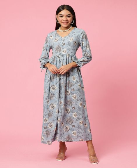 Shree Women Liva (Rayon) Blue Floral Print Dress