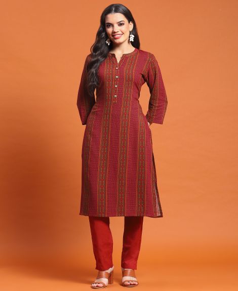Shree Women Liva (Rayon) Maroon Stripe Print Kurta