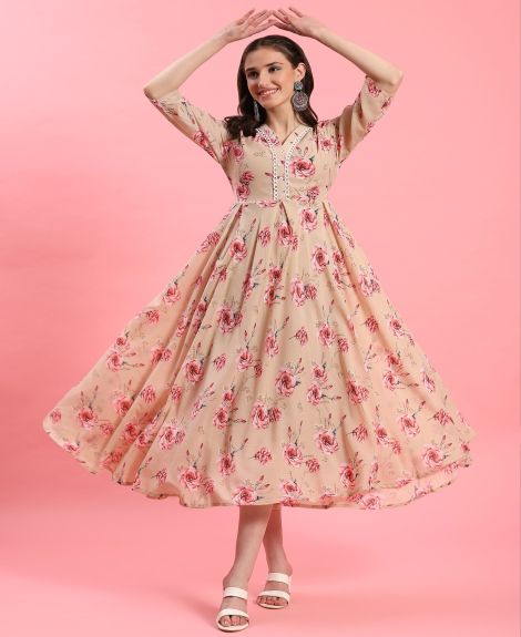 Shree Women Polyester Beige Floral Print Dress