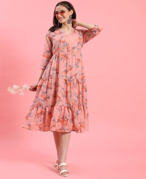 Shree Women Polyester Peach Floral Print Dress