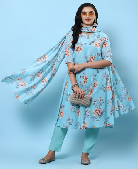 Shree Women Polyester Turquoise Blue Floral Print Kurta Trouser Dupatta