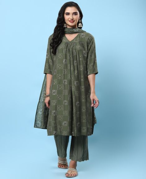 Shree Women Muslin Olive Geometric Print Kurta Comfort Pant Dupatta