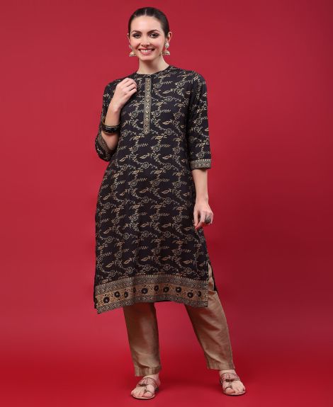 Shree Women Liva (Rayon) Black Floral Print Kurta