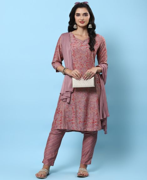 Shree Women Muslin Pink Abstract Print Kurta Trouser Dupatta