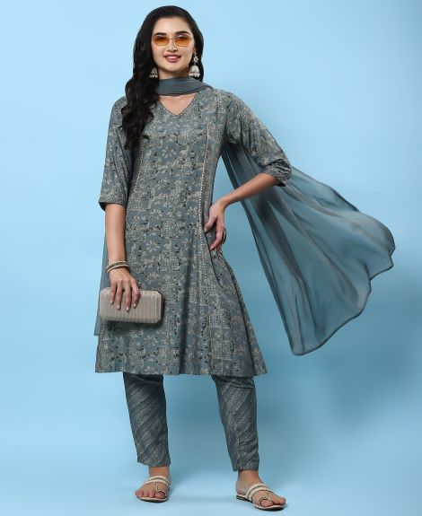 Shree Women Muslin Grey Abstract Print Kurta Trouser Dupatta