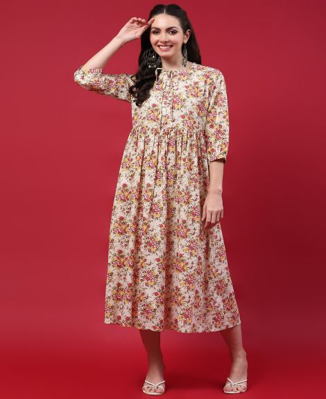 Shree Women Cotton Beige Floral Print Dress