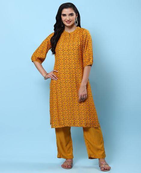 Shree Women Muslin Mustard Geometric Print Kurta With Comfort Pant