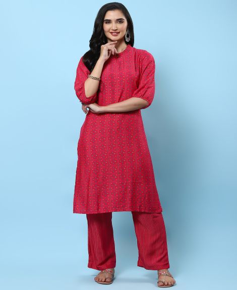 Shree Women Muslin Pink Geometric Print Kurta With Comfort Pant