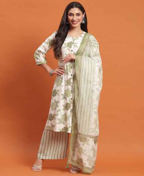Shree Women Liva (Rayon) White Floral Print Kurta Wide Pant Dupatta