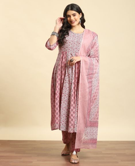 Shree Women Liva (Rayon) Pink Floral Print Kurta Trouser Dupatta