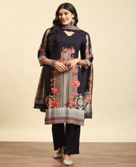 Shree Women Liva (Rayon) Navy Blue Floral Print Kurta Comfort Pant Dupatta