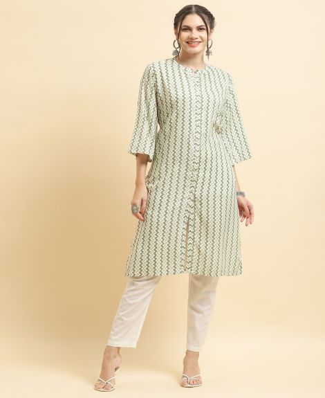 Shree Women Liva (Rayon) Green Stripe Print Kurta