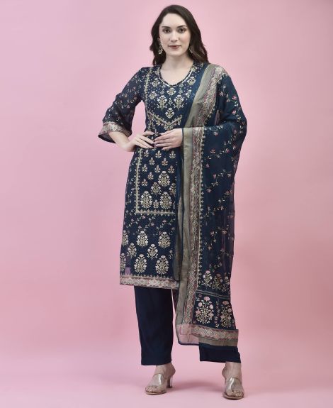 Shree Women Georgette Blue Ornamental Print Kurta Comfort Pant Dupatta