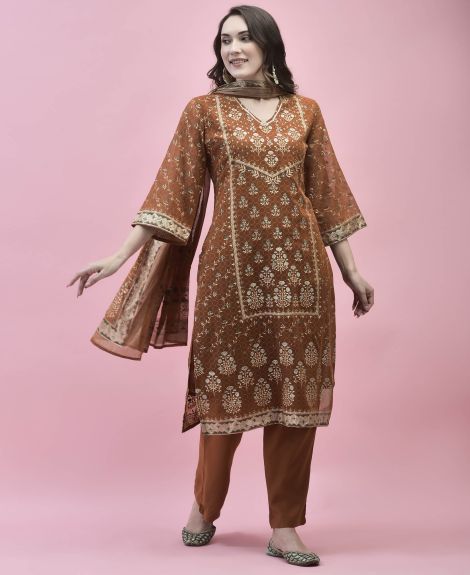 Shree Women Georgette Rust Ornamental Print Kurta Comfort Pant Dupatta