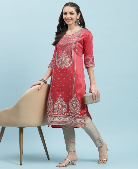 Shree Women Poly Viscose Pink Ornamental Print Kurta