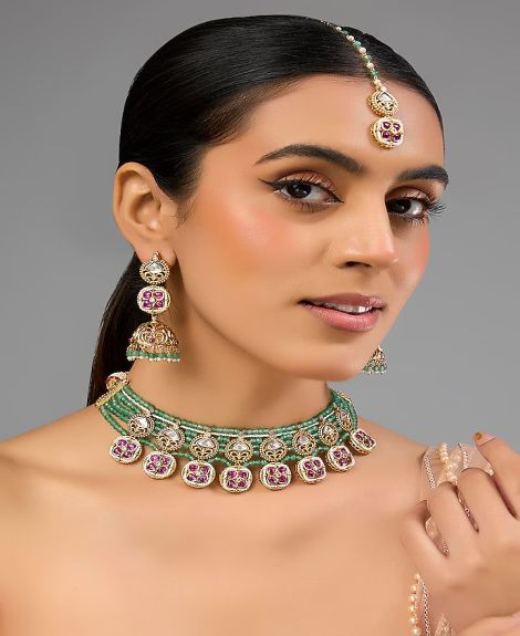 Auraa Trends,Gold Finish Kundan Polki & Multi-Colored Stone Choker Necklace Set