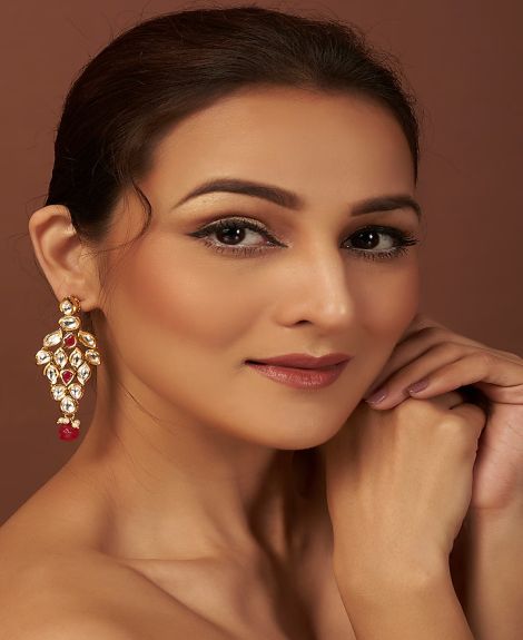 Minaki,Gold Red Plated Kundan Polki Dangler Earrings